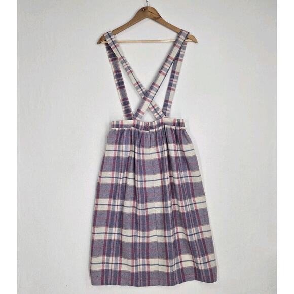 VTG Wool Blend Jumper Skirt Dress Straps Suspenders Purple Pink White Plaid - Picture 7 of 15